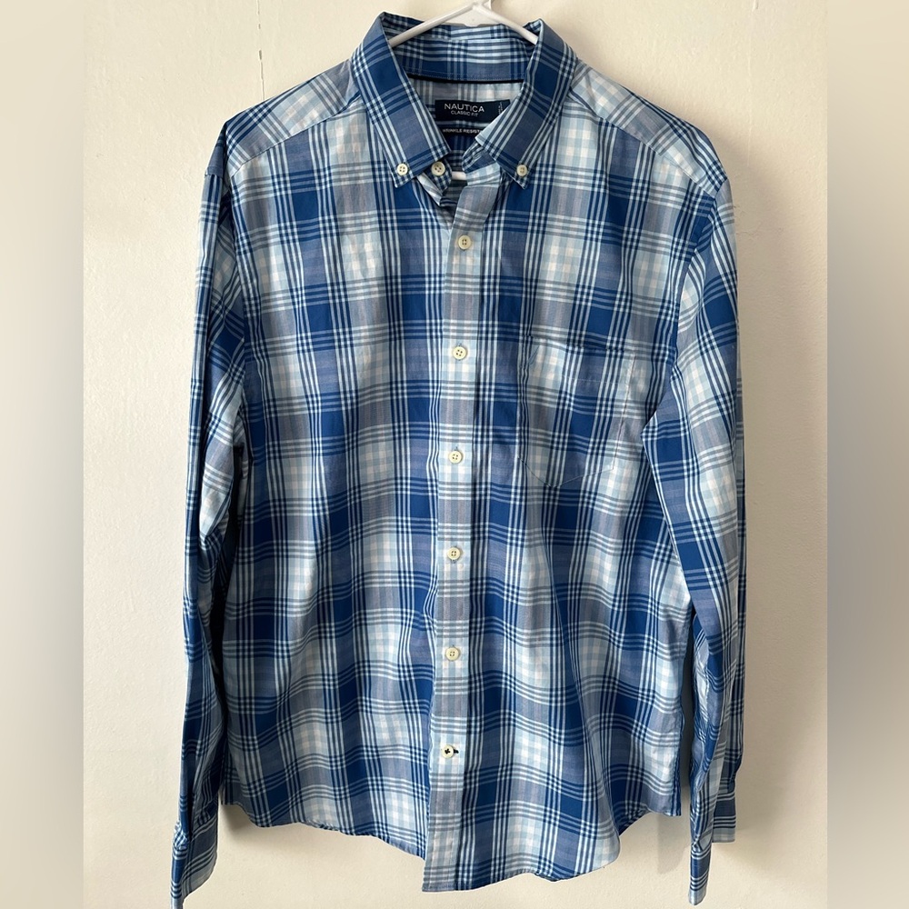 Blue & white plaid button down dress shirt